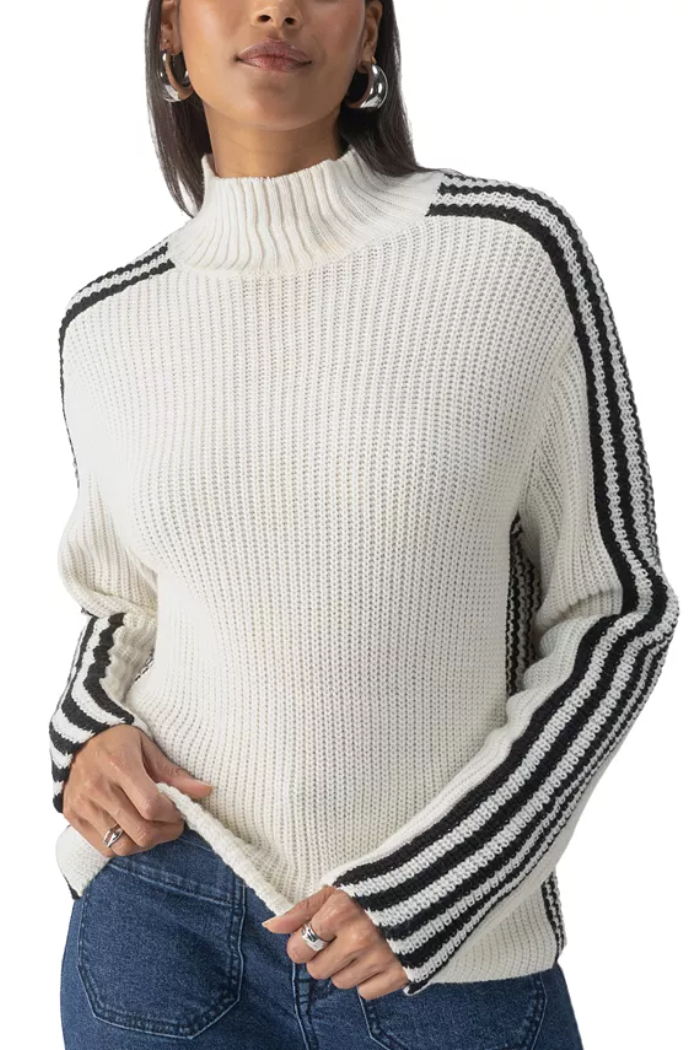Women's Striped Mock-Neck Long-Sleeve Sweater- Chalk Multi