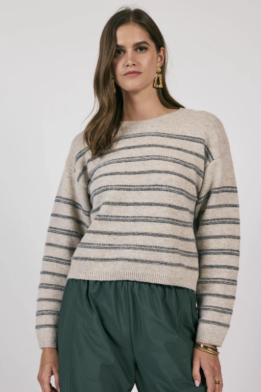 Open Windows Striped Pullover Sweater- Grey/Multi