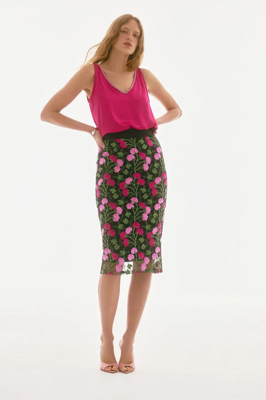 Novelty Floral Embroidered Pencil Skirt- Black/Multi