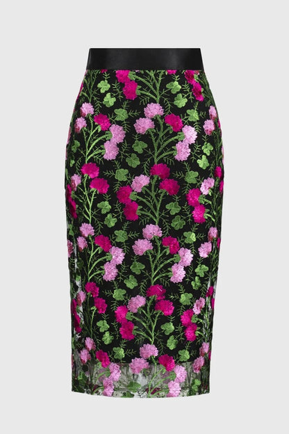 Novelty Floral Embroidered Pencil Skirt- Black/Multi
