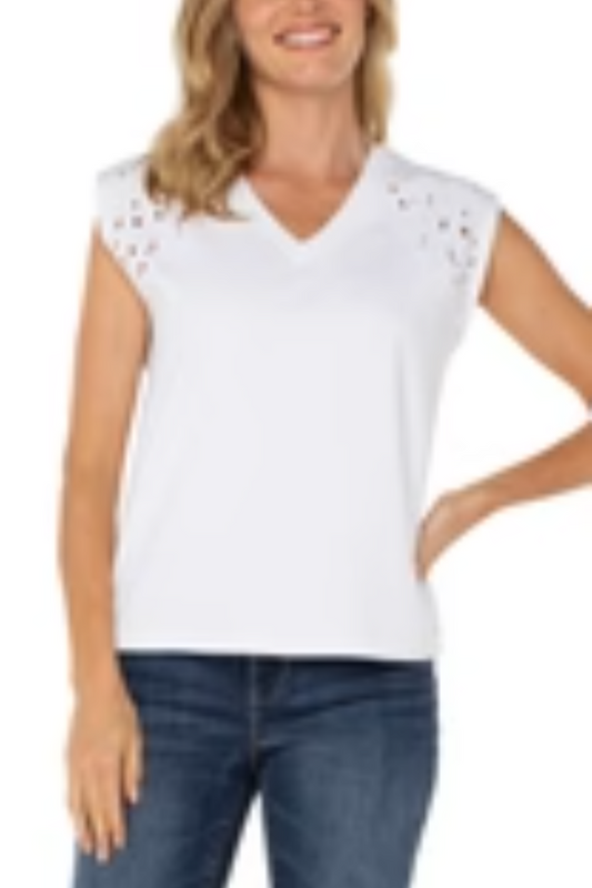 Cap Sleeve V-neck Top With Embroidery