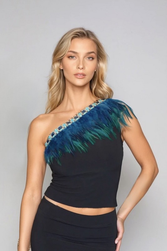 one shoulder feather top