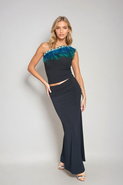 one shoulder feather top
