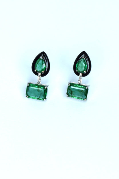 18kt W/Gold Emerald, Diamond & Onyx Earrings