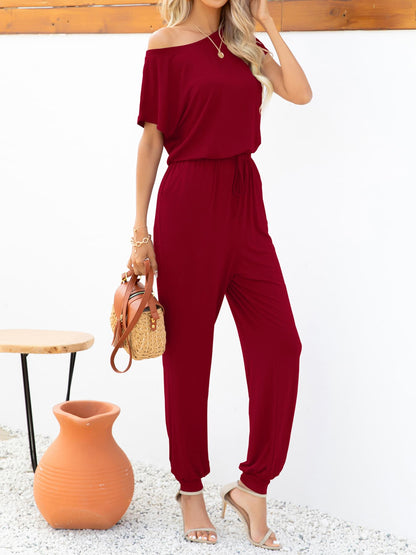Boat Neck Short Sleeve Jumpsuit With Pockets