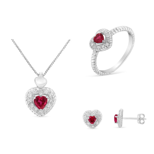.925 Sterling Silver, ¾ Cttw Lab-Created Ruby, 1/4 Cttw Diamond Heart Ring, Earrings, And Pendant Necklace Set (I-J Color, I2-I3 Clarity) - Size 7
