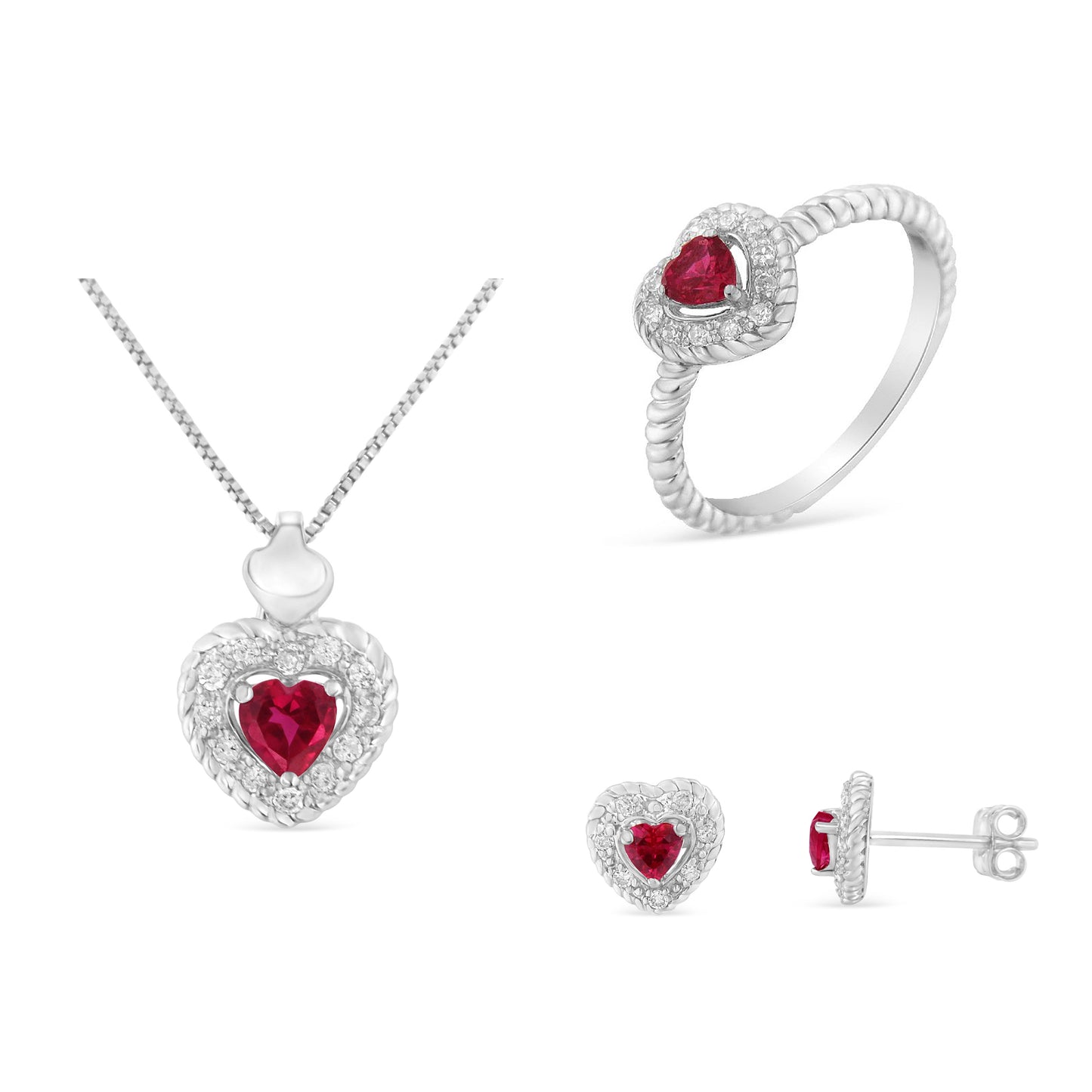 .925 Sterling Silver, ¾ Cttw Lab-Created Ruby, 1/4 Cttw Diamond Heart Ring, Earrings, And Pendant Necklace Set (I-J Color, I2-I3 Clarity) - Size 6.5