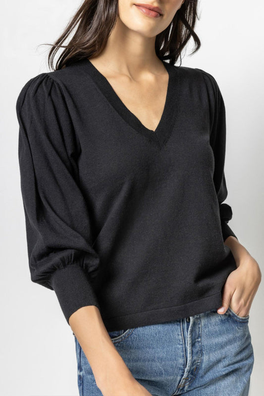 3/4 Puff Sleeve V Neck Sweater