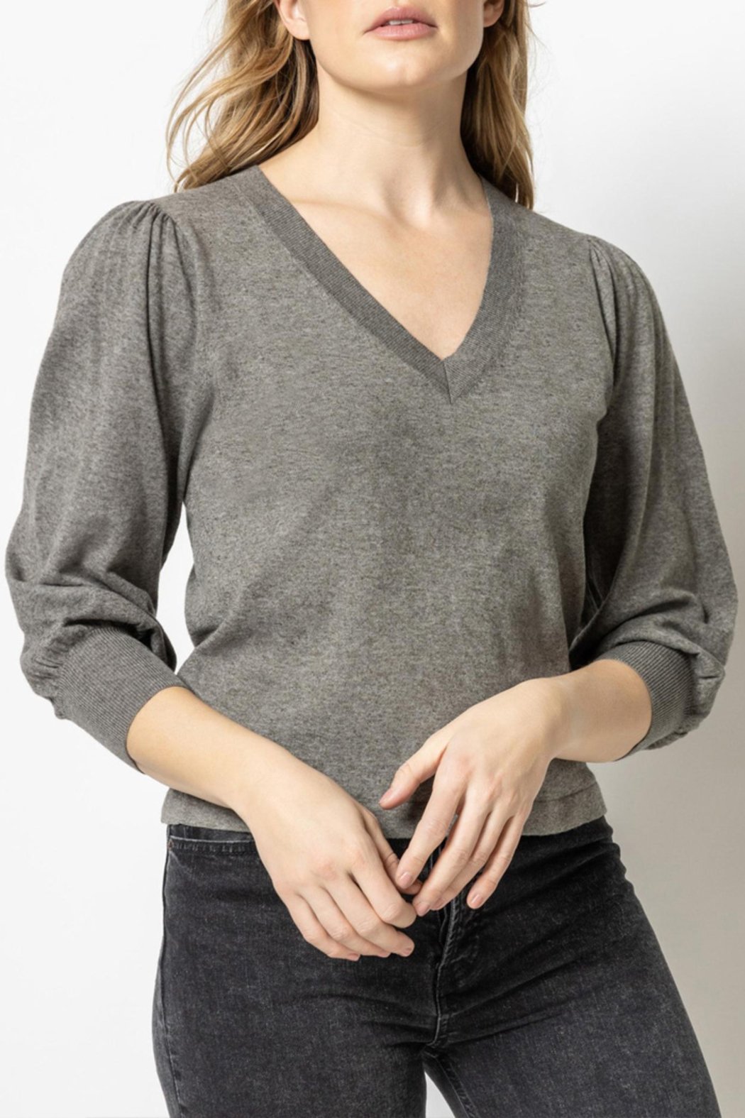 3/4 Puff Sleeve V Neck Sweater