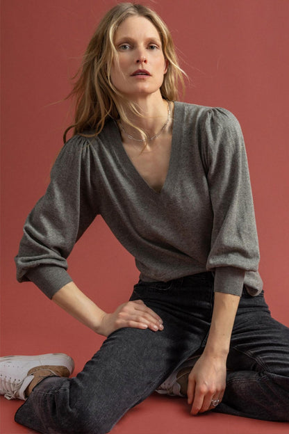 3/4 Puff Sleeve V Neck Sweater