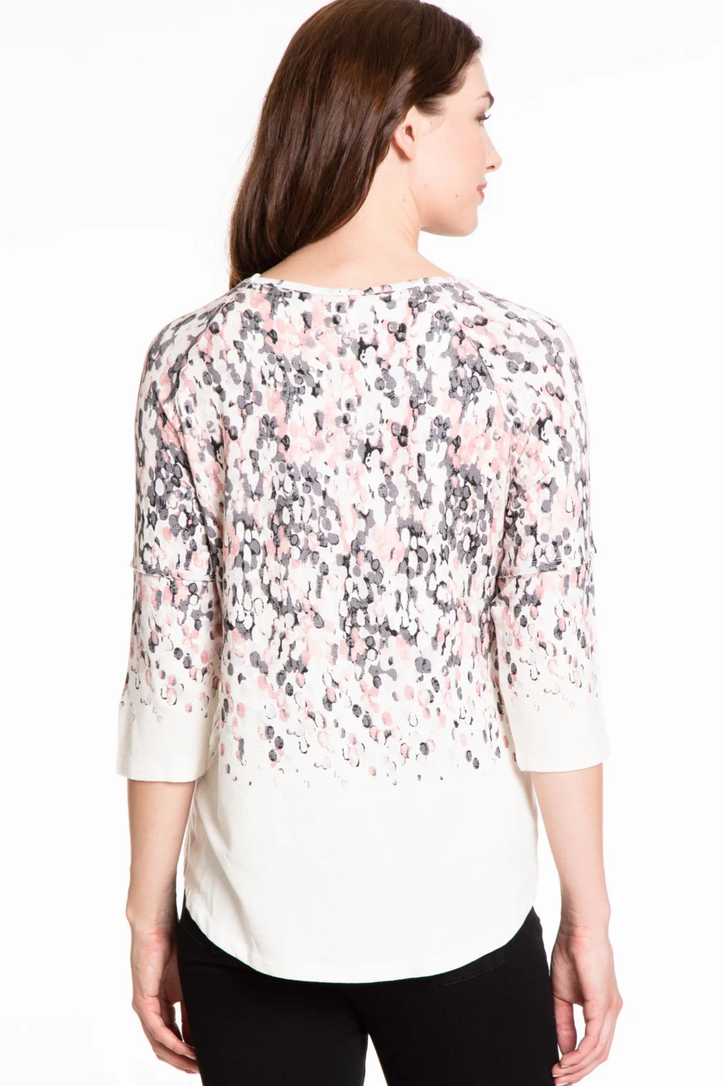 3/4 raglan sleeve scoop neck hi-lo top