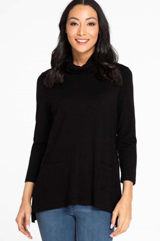 3/4 sleeve cowl neck hi-lo sweater