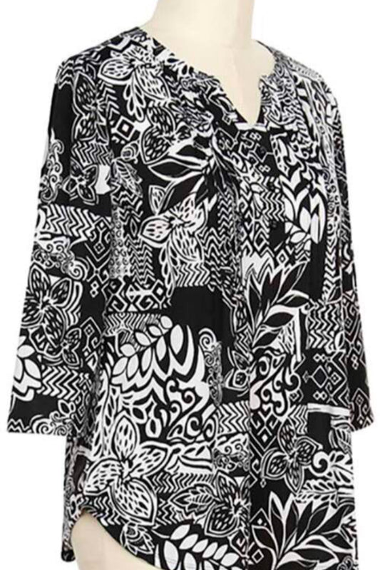 3/4 sleeve multi print top rounded notch neckline and front pleats