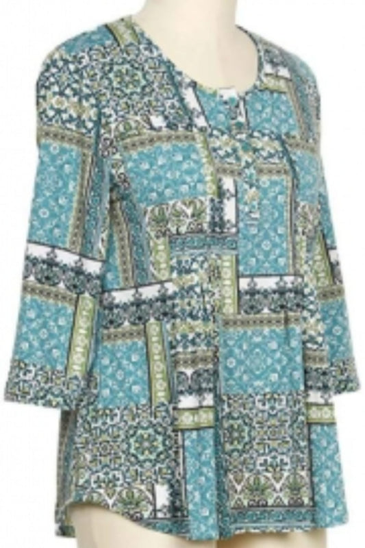 3/4 sleeve patchwork print top crew neck and front pleats