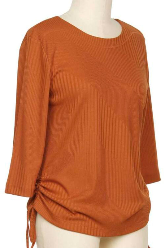 3/4 sleeve round neck top with tie ruching details at the side.