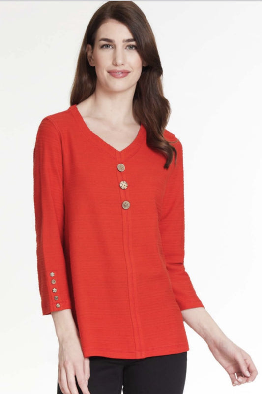 3/4 sleeve v neck 3 button front - coral only