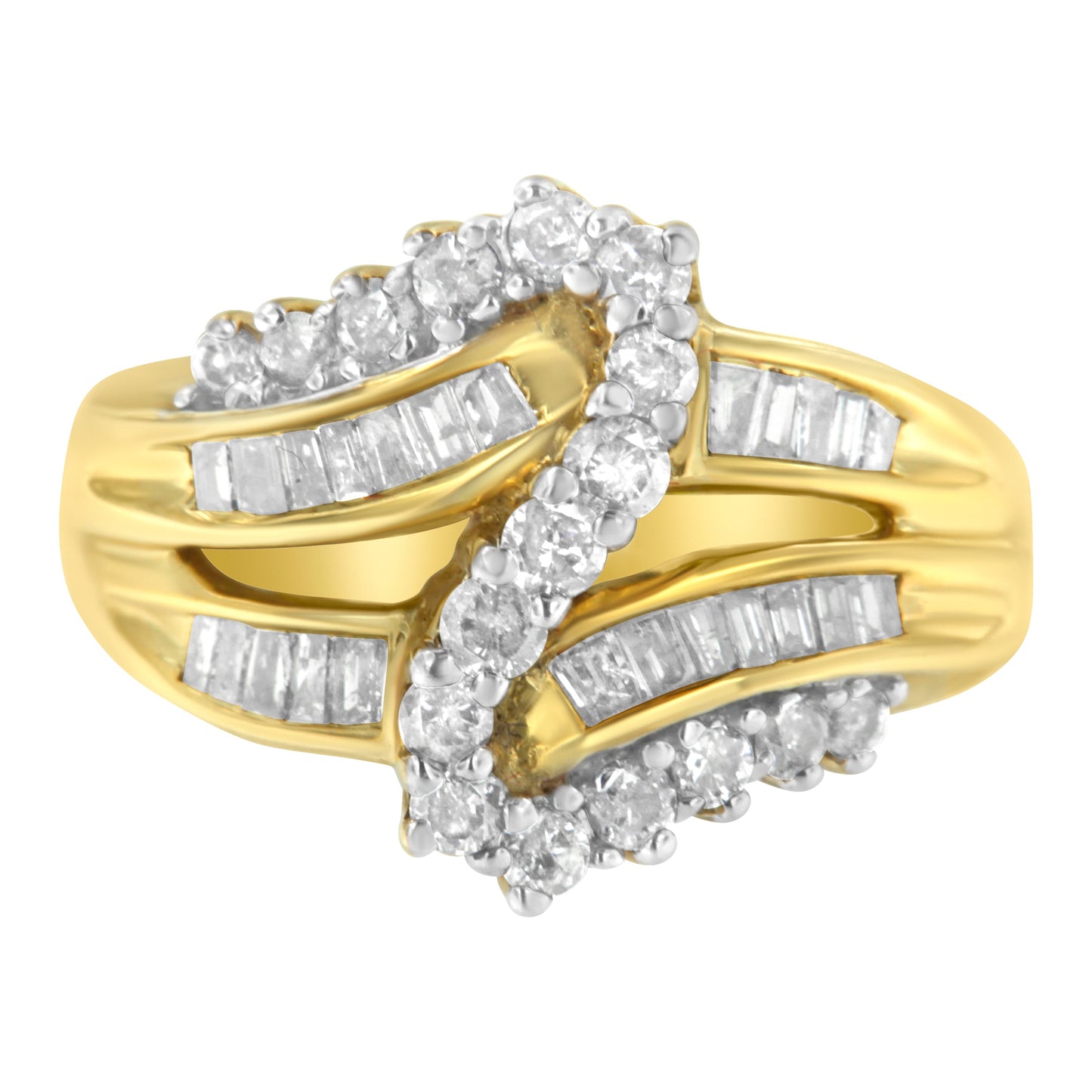 10K Yellow Gold Round And Baguette Cut Diamond Bypass Ring (1 Cttw, J-K Color, I2-I3 Clarity) - Size 8