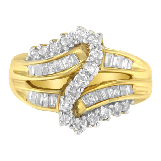 10K Yellow Gold Round And Baguette Cut Diamond Bypass Ring (1 Cttw, J-K Color, I2-I3 Clarity) - Size 8