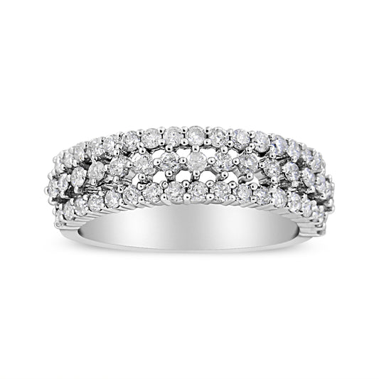 14K White Gold 1.0 Cttw Prong Set Round Diamond Split Shank Three Row Band Ring (H-I Color, I2-I3 Clarity) - Size 7.75