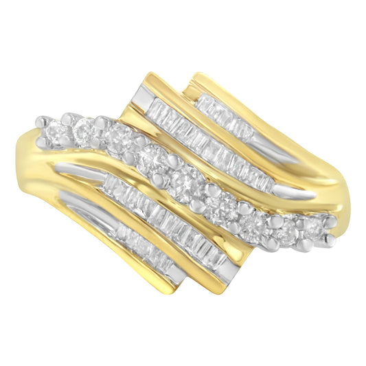 10K Yellow Gold Round And Baguette Diamond-Cut Ring (1/2 Cttw, I-J Color, I1-I2 Clarity) - Size 7-1/4
