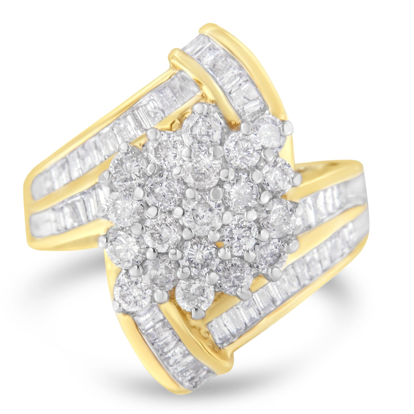 10K Yellow Gold Round And Baguette Diamond Crossover Cluster Ring (3 Cttw, I-J Color, I1-I2 Clarity) - Size 7