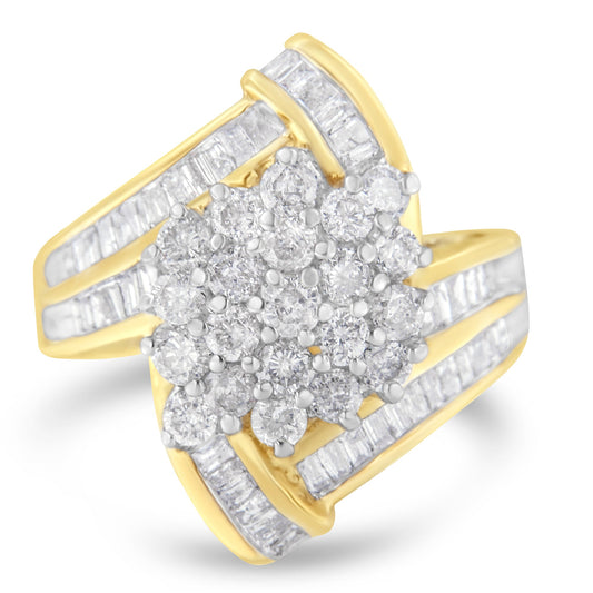 10K Yellow Gold Round And Baguette Diamond Crossover Cluster Ring (3 Cttw, I-J Color, I1-I2 Clarity) - Size 7