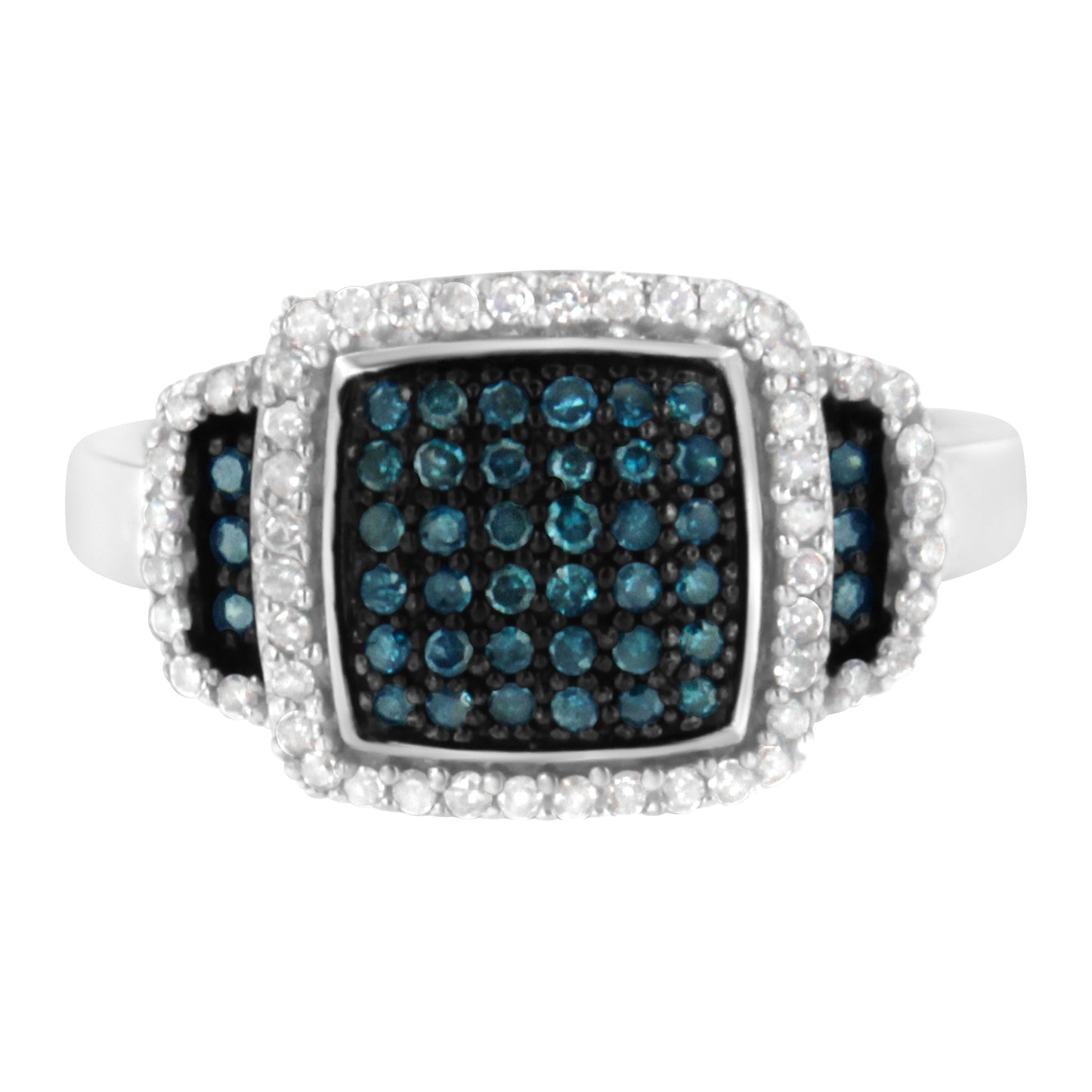 Black Rhodium Plated .925 Sterling Silver 1/2 Cttw White & Blue Diamond Square Halo Cocktail Ring (Fancy Blue & H-I Color, I2-I3 Clarity) - Size 6-1/2