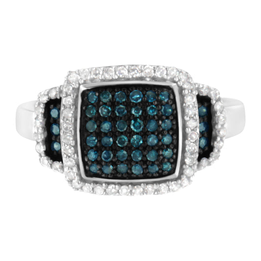 Black Rhodium Plated .925 Sterling Silver 1/2 Cttw White & Blue Diamond Square Halo Cocktail Ring (Fancy Blue & H-I Color, I2-I3 Clarity) - Size 6-1/2