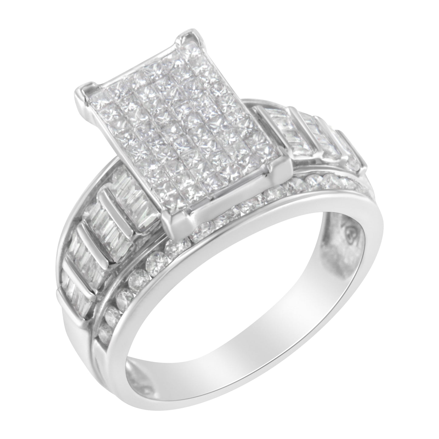 14K White Gold 2.0 Cttw Mixed-Cut Diamond Rectangle Invisible-Set Composite Cluster Ring With Bar- And Channel-Set Band (H-I Color, Si2-I1 Clarity) - Size 9-1/2