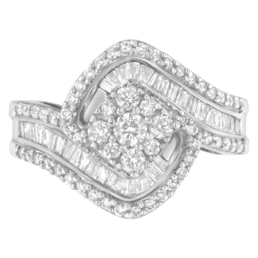 14K White Gold 1.0 Cttw Baguette & Brilliant-Cut Diamond Round Floral Cluster Engagement Or Fashion Ring With Swirl Wrapped Triple Row Band (H-I Color, Si2-I1 Clarity) - Size 6-3/4