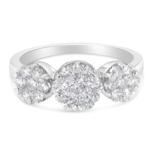 14K White Gold 1-1/4 Cttw Brilliant Cut Diamond Three Round Floral Clusters Engagement Or Fashion Ring (H-I Color, Si2-I1 Clarity) - Size 6-1/4