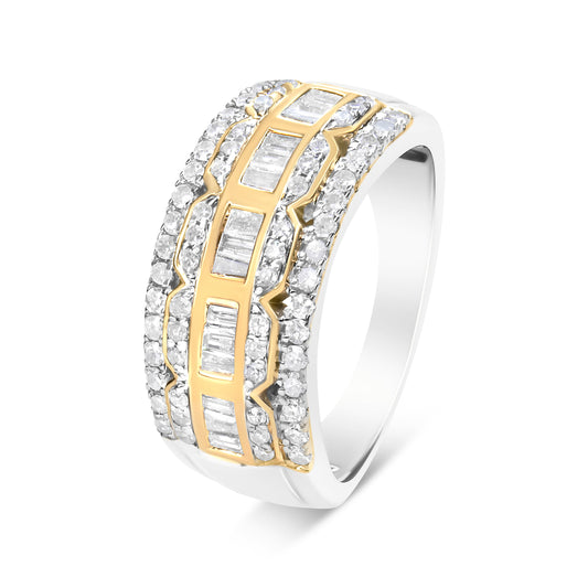 10K White And Yellow Gold 1.00 Cttw Baguette And Round Cut Diamond Art Deco Multi-Row Ring Band (I-J Color, I1-I2 Clarity) - Ring Size 8