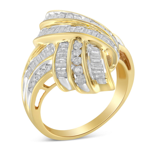 10K Yellow Gold Plated .925 Sterling Silver 1.0 Cttw Round & Baguette Diamond Knot Channel Statement Ring (I-J Color, I2-I3 Clarity) - Size 7-3/4