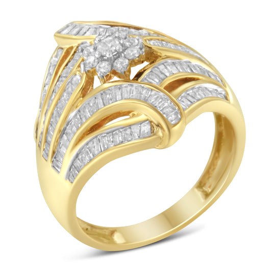 10K Yellow Gold Flashed .925 Sterling Silver 1-1/8 Cttw Round & Baguette Diamond 'Flower & Fern' Cluster Cocktail Fashion Ring (I-J Color, I2-I3 Clarity) - Size 6-1/2