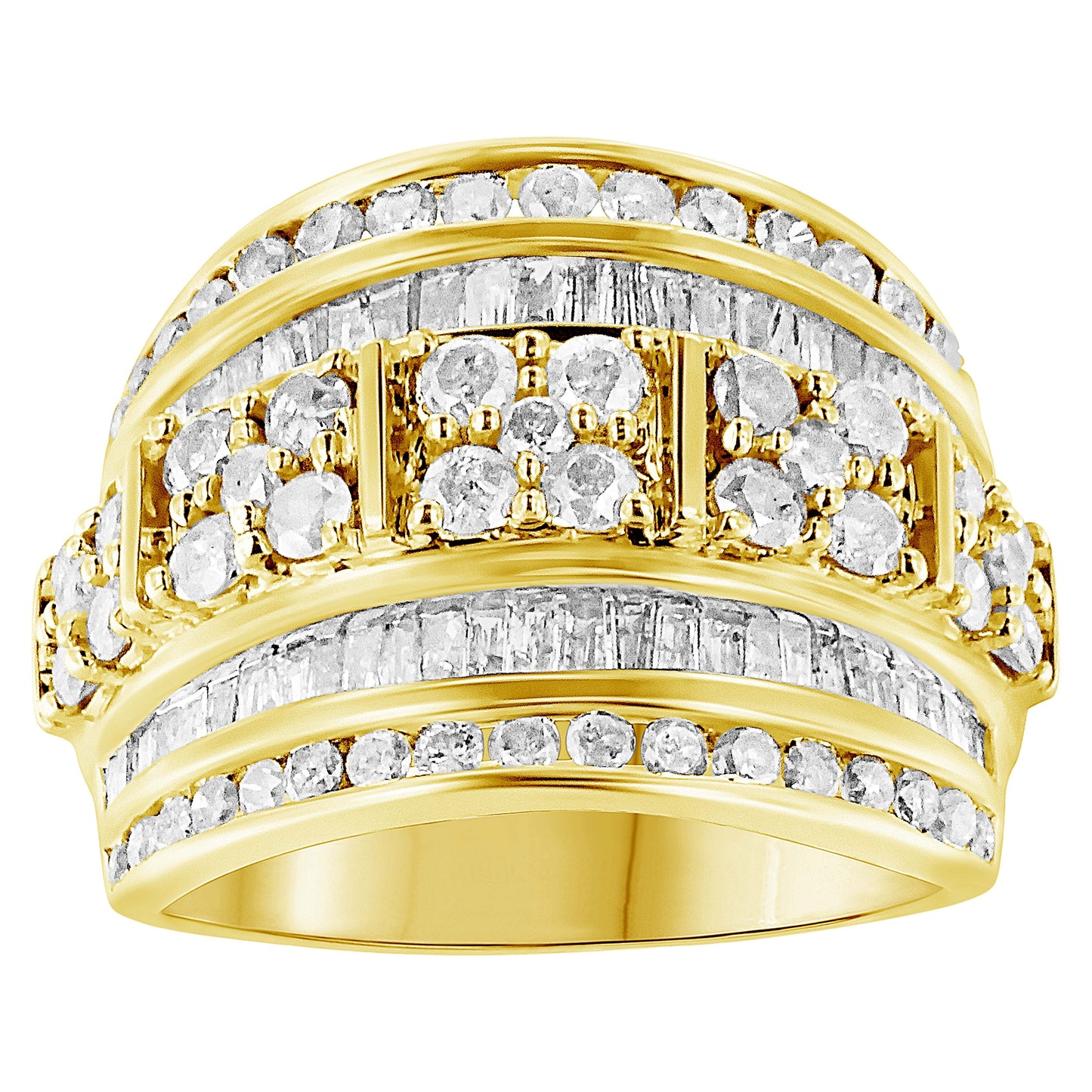 10K Yellow Gold Over .925 Sterling Silver 2.0 Cttw Round & Baguette Cut Diamond Multi-Row Channel Set Tapered Cocktail Fashion Ring (I-J Color, I3 Clarity) - Size 8