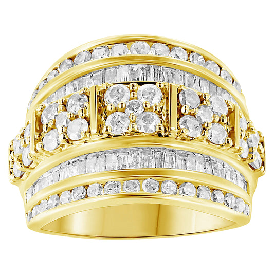 10K Yellow Gold Over .925 Sterling Silver 2.0 Cttw Round & Baguette Cut Diamond Multi-Row Channel Set Tapered Cocktail Fashion Ring (I-J Color, I3 Clarity) - Size 8