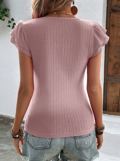 Textured Square Neck Flutter Sleeve Blouse