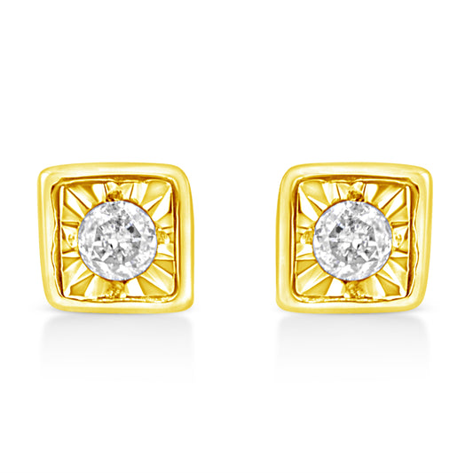 10K Yellow Gold Plated .925 Sterling Silver 1/10 Cttw Miracle-Set Diamond Square Stud Earrings (K-L Color, I2-I3 Clarity)