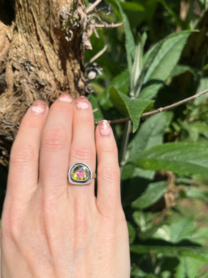 Olive Green and Pink Watermelon Tourmaline Reservoir Ring