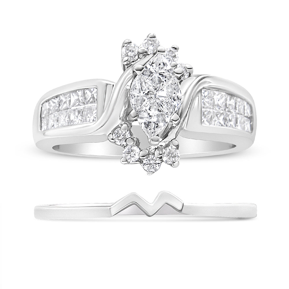 14K White Gold 1 1/2 Cttw Composite Diamond Marquise Shape Solitaire Diamond Engagement Ring Set For Women (H-I Color, Si1-Si2 Clarity) - Ring Size 7
