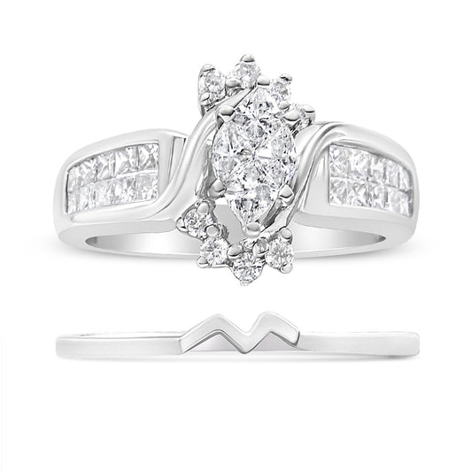 14K White Gold 1 1/2 Cttw Composite Diamond Marquise Shape Solitaire Diamond Engagement Ring Set For Women (H-I Color, Si1-Si2 Clarity) - Ring Size 7