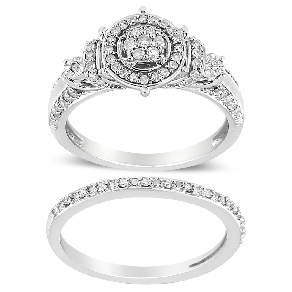 .925 Sterling Silver 1/3 Cttw Diamond 7 Stone Cluster And Halo Engagement Ring And Wedding Band Set (I-J Color, I1-I2 Clarity) - Size 7