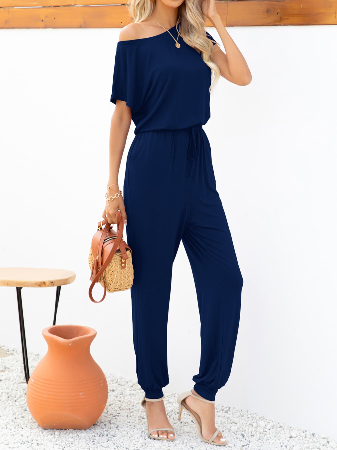 Boat Neck Short Sleeve Jumpsuit With Pockets