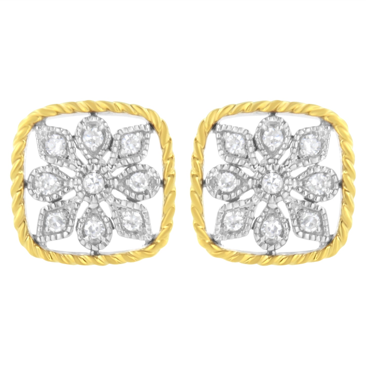 10K Yellow Gold Plated .925 Sterling Silver 1/4 Cttw Diamond "Flower In A Box" Stud Earrings (I-J Color, I2-I3 Clarity)