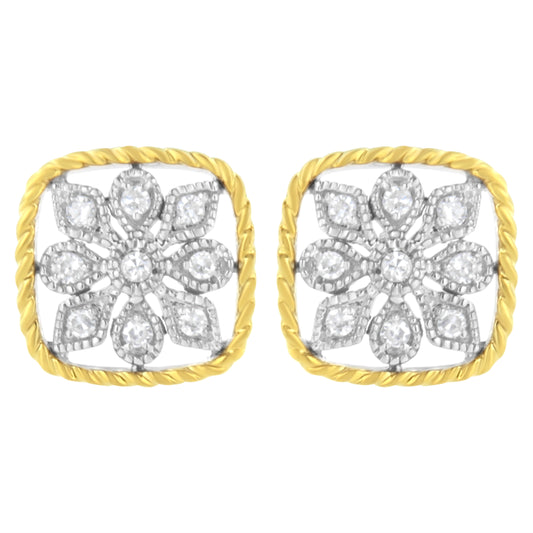 10K Yellow Gold Plated .925 Sterling Silver 1/4 Cttw Diamond "Flower In A Box" Stud Earrings (I-J Color, I2-I3 Clarity)