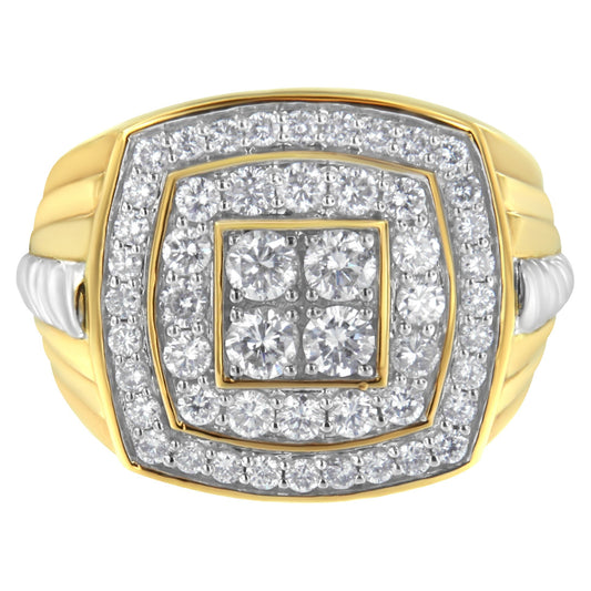 14K Yellow Gold 2.0 Cttw Diamond Men's Double Halo Cushion-Shaped Square Cluster Ring (H-I Color, Si1-Si2 Clarity) - Size 10-1/2
