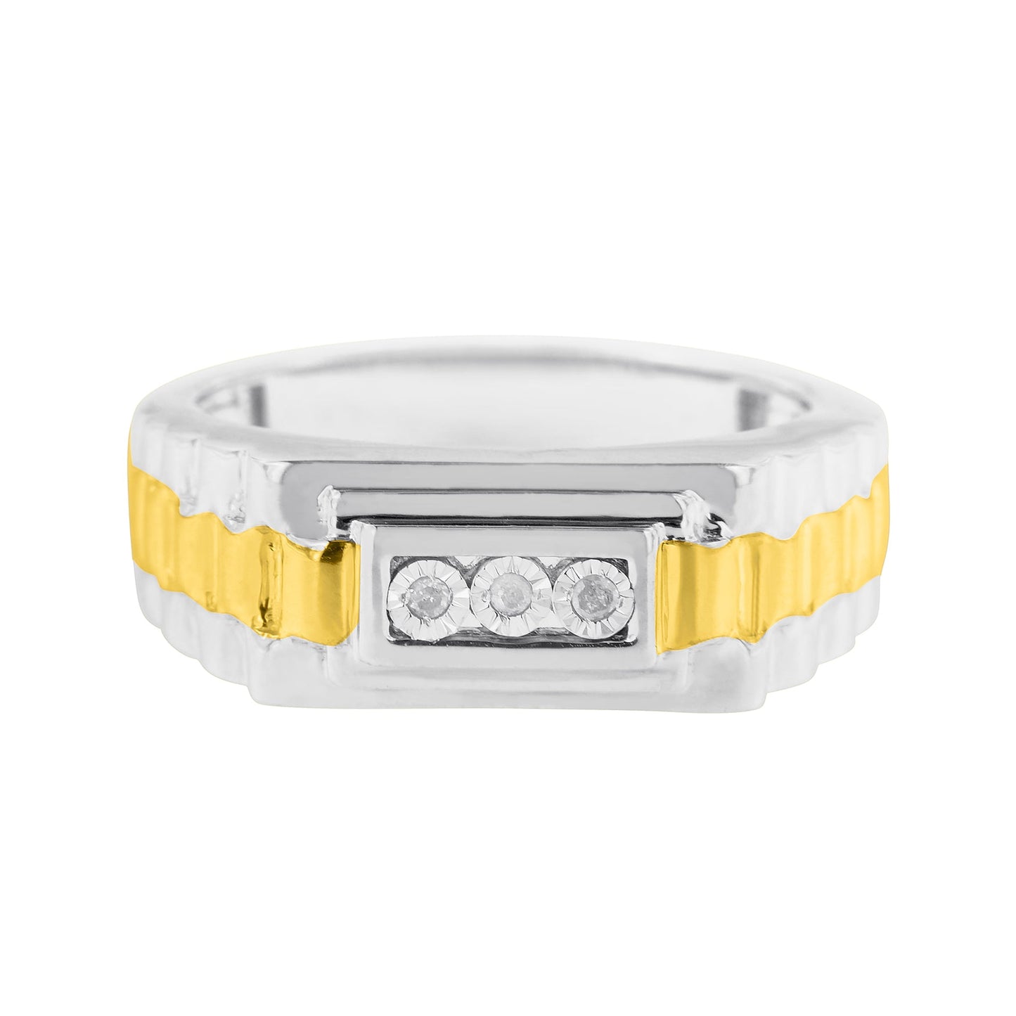 10K Yellow Gold Plated .925 Sterling Silver Diamond Accent Miracle-Set 3 Stone Ridged Band Gentlemen's Fashion Ring (I-J Color, I2-I3 Clarity) - Size 11
