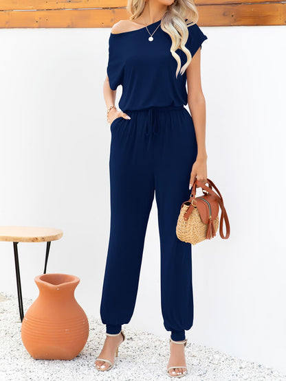 Boat Neck Short Sleeve Jumpsuit With Pockets