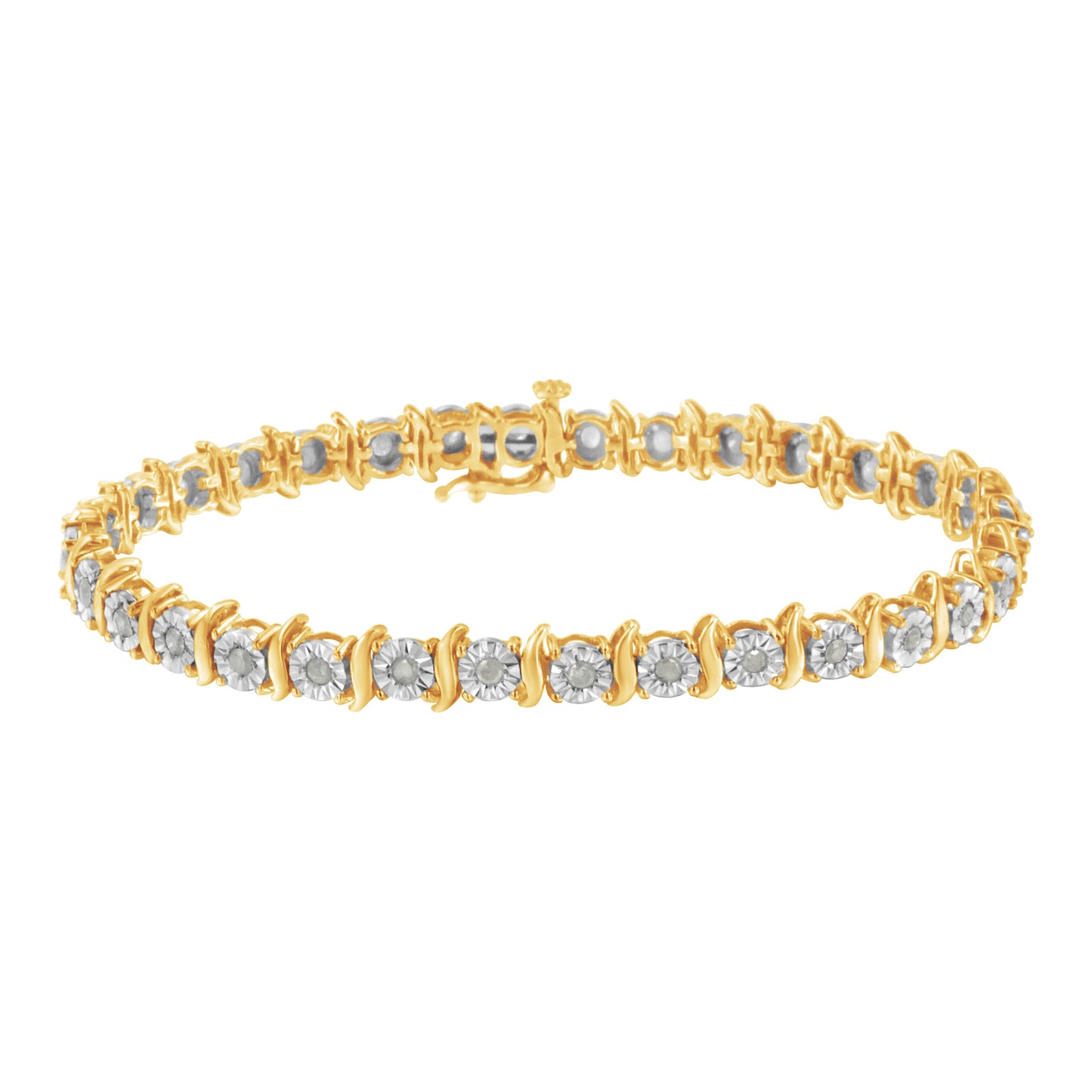 10K Yellow Gold Over .925 Sterling Silver 1.0 Cttw Diamond S-Curve Link Miracle-Set Tennis Bracelet (I-J Color, I3 Clarity) - 8"