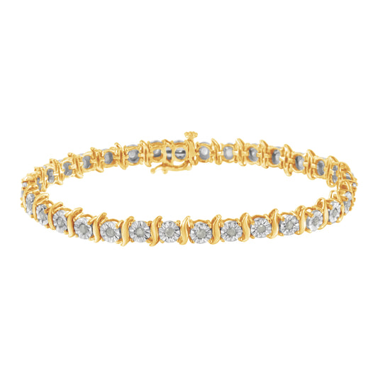 10K Yellow Gold Over .925 Sterling Silver 1.0 Cttw Diamond S-Curve Link Miracle-Set Tennis Bracelet (I-J Color, I3 Clarity) - 8"